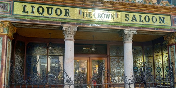 Crown Liquor Saloon Victorian facade with colourful ceramic tile decoration
