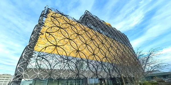 Library of Birmingham gold and silver filigree building exterior and seventh-floor Secret Garden view