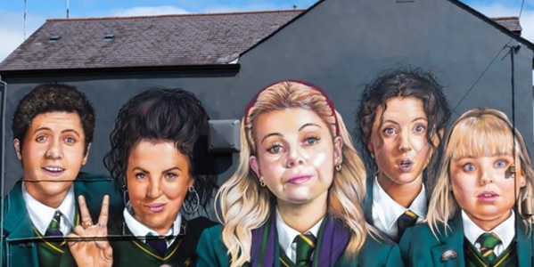 Derry Girls Mural on Badger's Bar gable wall featuring five main characters