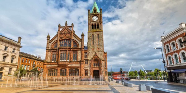 Londonderry Guildhall neo-Gothic red sandstone building with stained glass windows