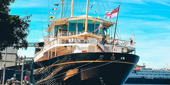 Panoramic view of the Royal Yacht Britannia berthed at Leith Harbour, Edinburgh
