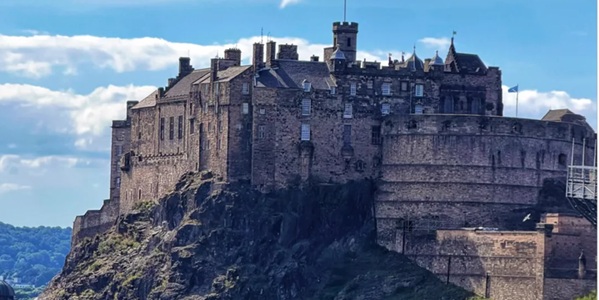 Edinburgh Castle panoramic view on volcanic rock summit with Crown Jewels