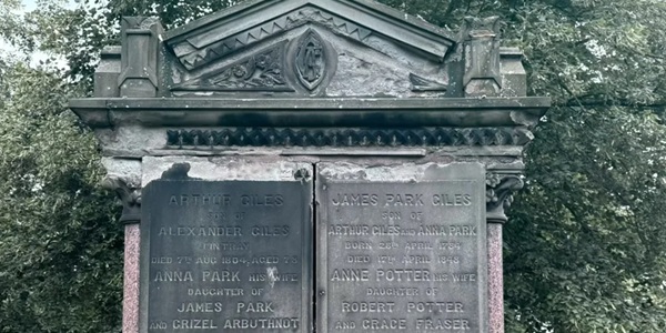 Greyfriars Kirkyard panoramic view with Greyfriars Bobby statue