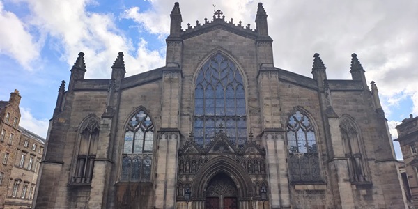 Panoramic view of St Giles' Cathedral Crown Spire and Gothic exterior