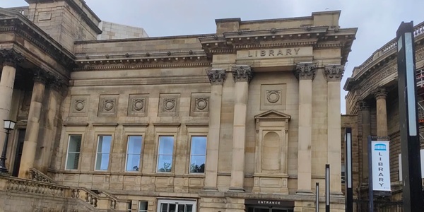 Liverpool Central Library glass dome atrium and criss-cross stairs