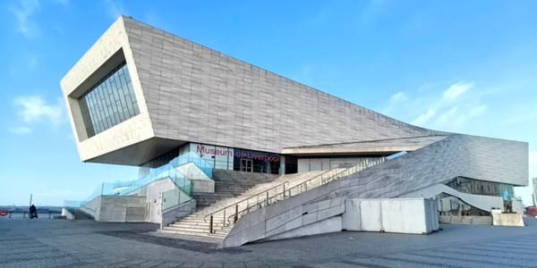 Museum of Liverpool modern architecture exterior and Pier Head panorama beside the Mersey