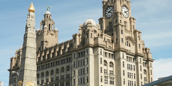 Liverpool Royal Liver Building twin-tower clock building with copper Liver Birds Bella and Bertie