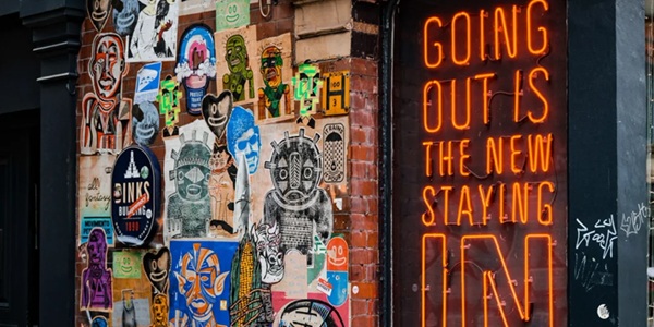 Panoramic View of Manchester Northern Quarter Graffiti Walls and Vintage Streets