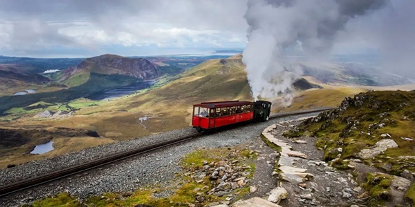 Snowdon Mountain Railway steam locomotive climbing Snowdon