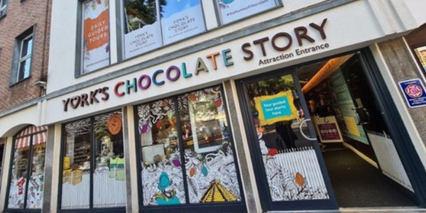 York's Chocolate Story museum King's Square chocolate making display colourful window cocoa beans and finished products